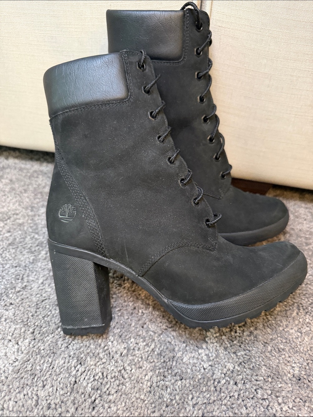 Timberland Black Suede Lace-Up High Heel Ankle Boots
